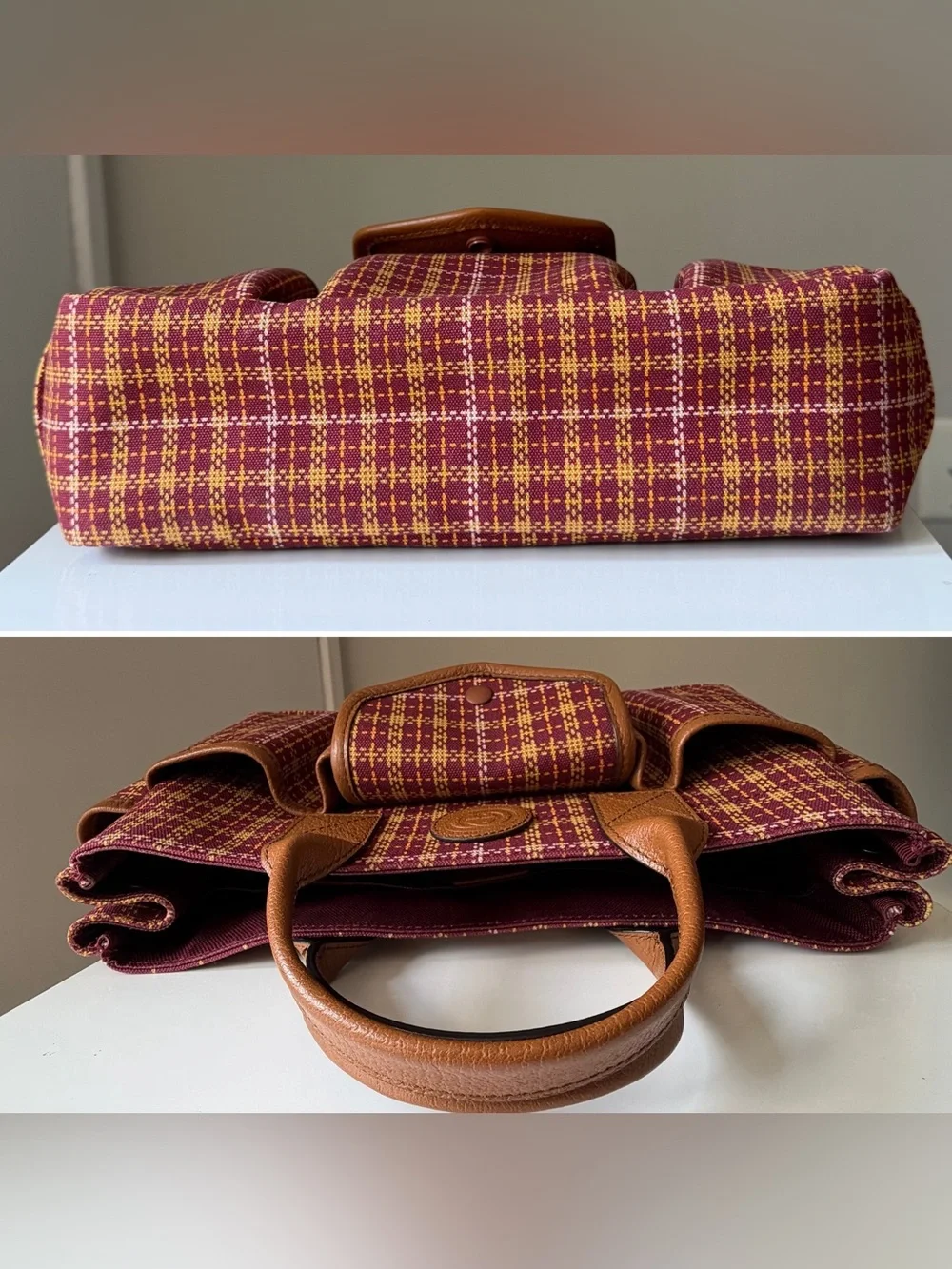 Gucci Check Tote Bag Bordeaux Plaid Leather - style 628159
